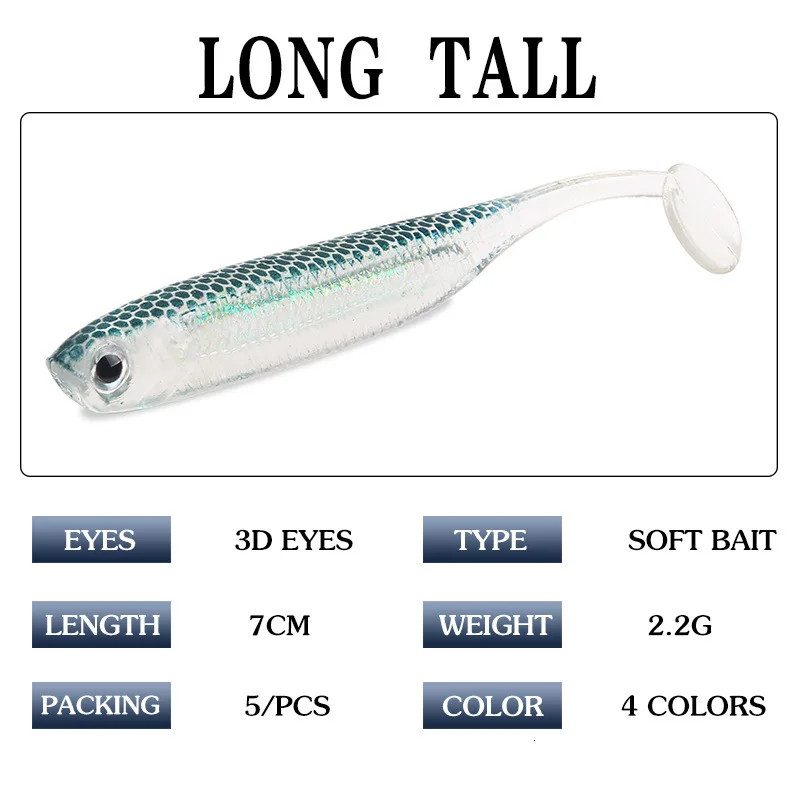 Detalle de los señuelos mostrando su diseño de gusano artificial y colores variados