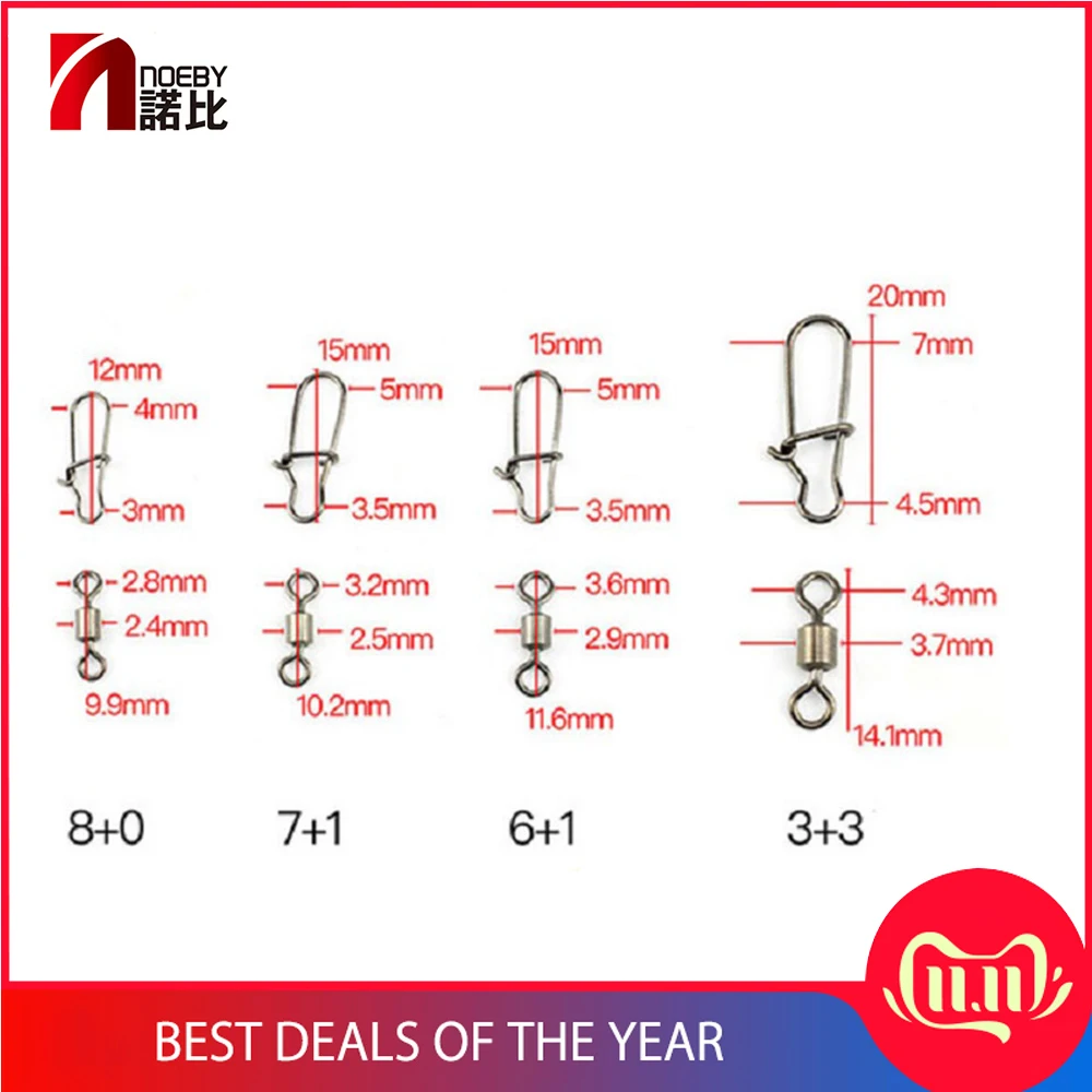 NOEBY-aparejos de señuelo de pesca, rodamiento giratorio, acero rico en carbono, herramientas de conector de anzuelo a presión, 12 Uds. - imagen 2