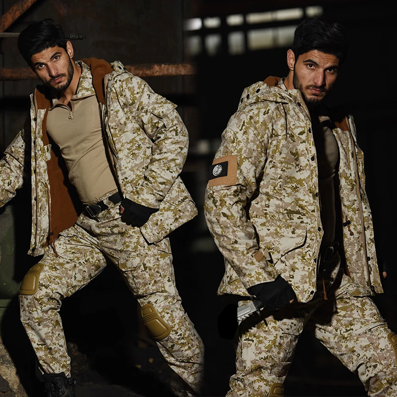 Pantalones de exterior para hombre, ropa, chaqueta polar de camuflaje, ropa deportiva de caza para hombre, abrigo de uniforme de combate, traje de trabajo con capucha, pantalones + almohadillas - imagen 3