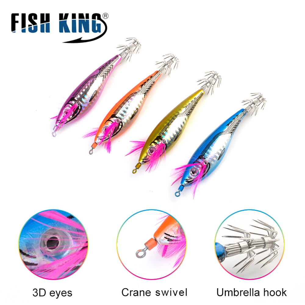 FISH KING-señuelo luminoso de madera para pesca de camarones, anzuelo de calamar, 7cm, 11,5g, 4 colores, Jigging brillante, plantilla de pulpo, luminoso - imagen 2