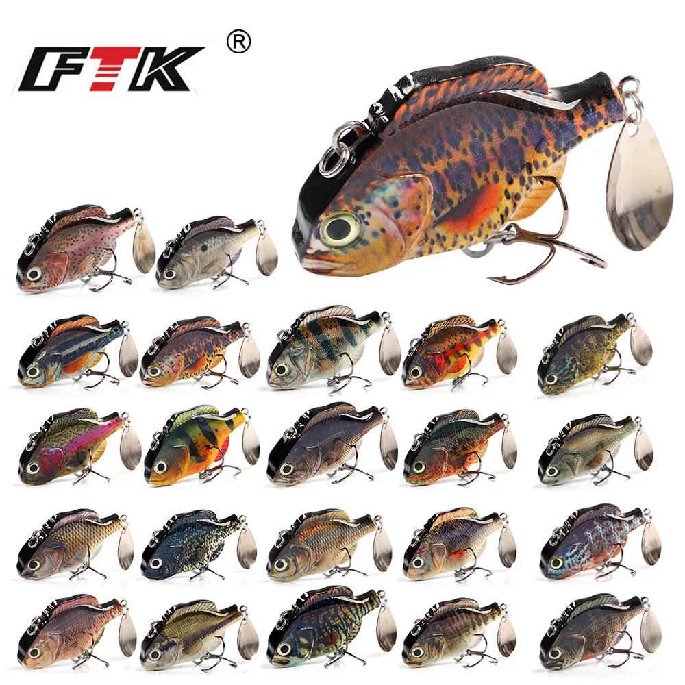 FTK 37g 6,5 cm VIB señuelo de pesca con cuchara Metal ojos 3D vibración cebo Artificial duro Bass Wobblers