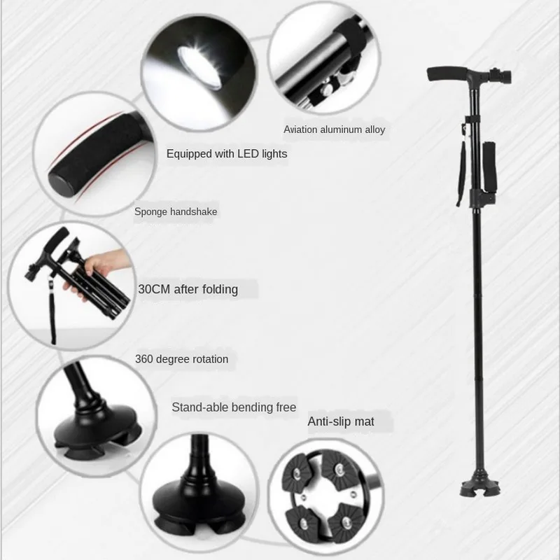 Bastón telescópico plegable de doble Mango, muleta LED ligera, bastón de seguridad para senderismo, regalos para los padres mayores - imagen 4