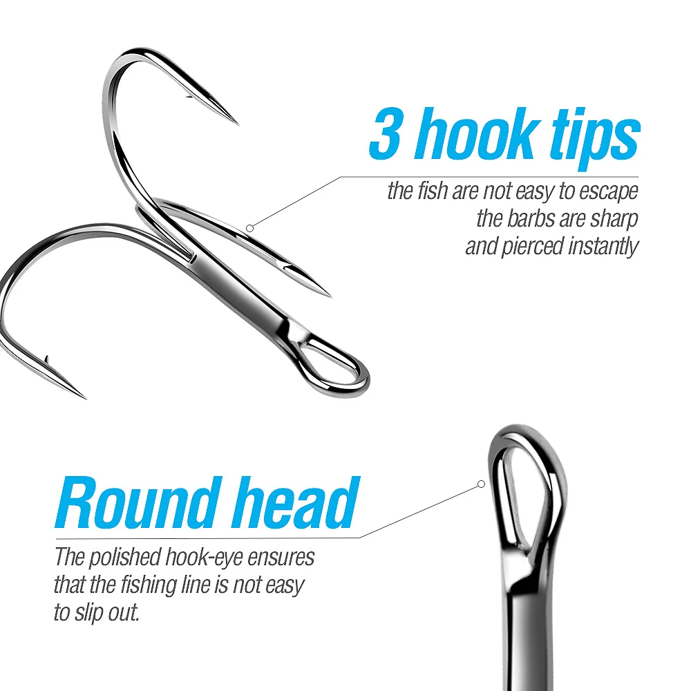 Anzuelos triples de acero rico en carbono, 1000 Uds., anzuelo afilado para agua salada, anzuelo de pesca de mar de estaño brillante con púas, doble refuerzo, venta al por mayor - imagen 3
