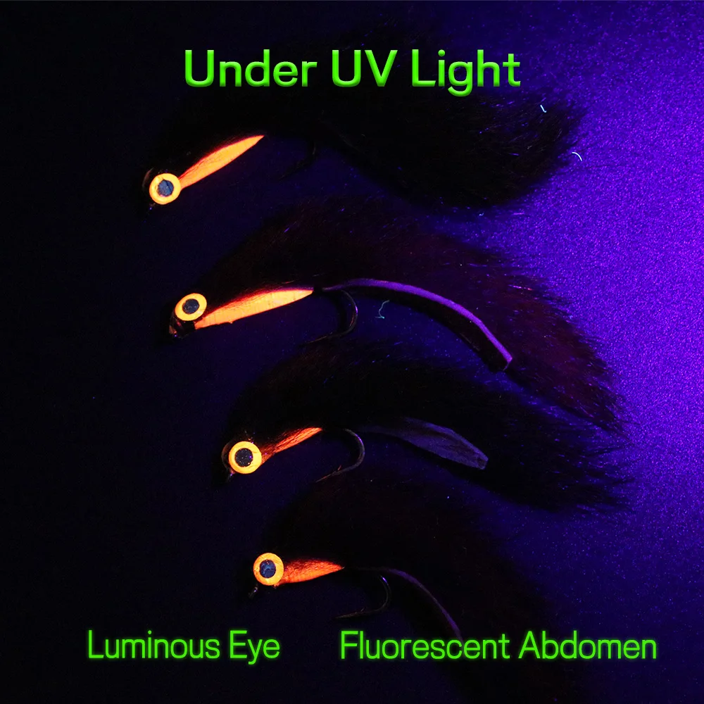 Bimoo 4PCS # 6 # 8 oliva/rojo-marrón ardilla tira Zonker serpentinas mosca con ojos de pez luminosos 3D trucha Lucio lubina señuelo de pesca cebo - imagen 5