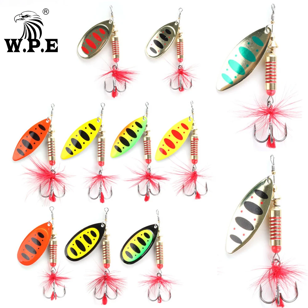Señuelo giratorio de marca W.P.E, 1 Uds., 6,5g/10g/13,5g, 22 colores con anzuelo triple, señuelo tipo cuchara de Metal, señuelo de pesca duro, aparejos de pesca
