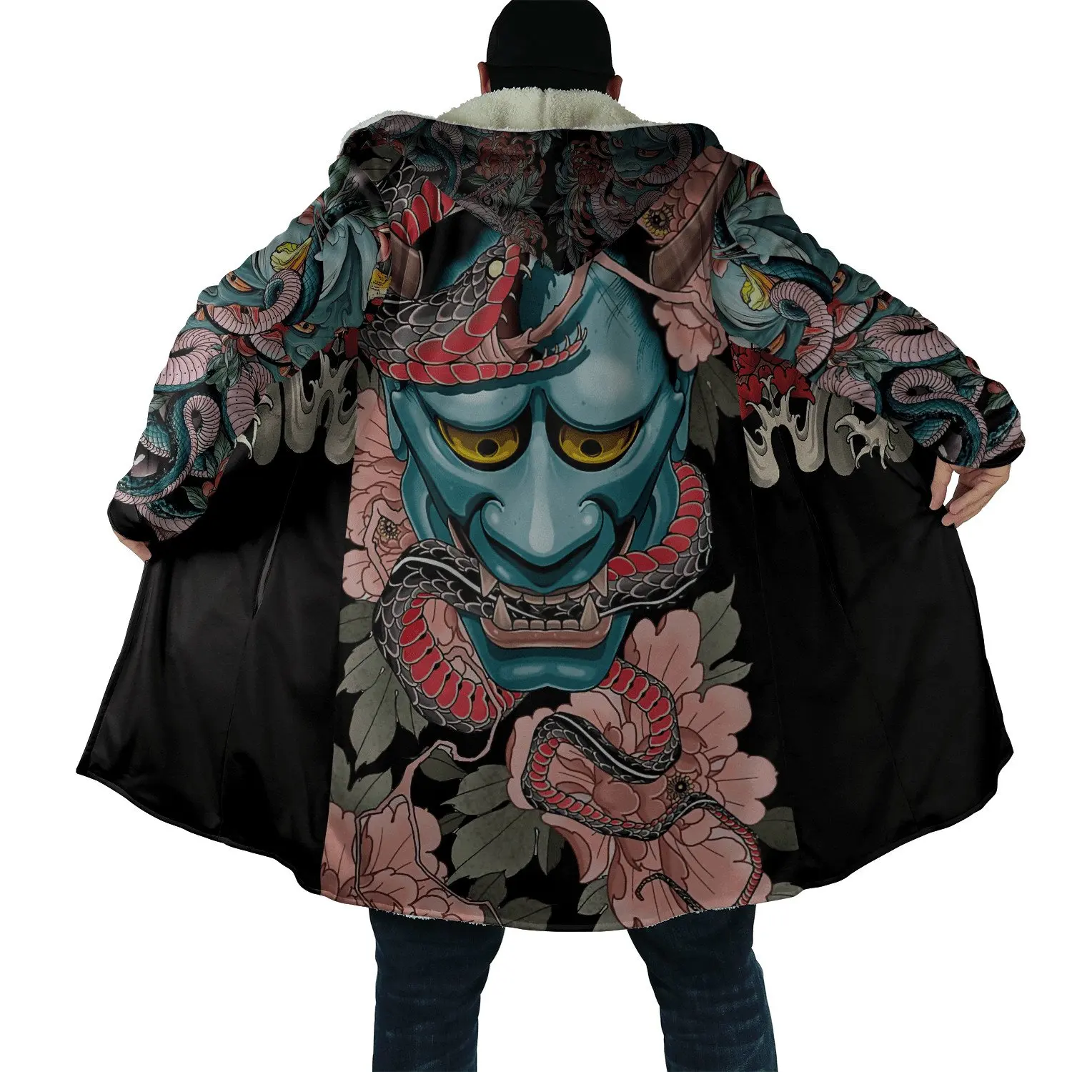 Capa de moda de invierno para hombre, máscara de Samurai Oni, tatuaje, estampado 3D, capa con capucha de lana gruesa, capa cálida informal Unisex DP08 2024 - imagen 4