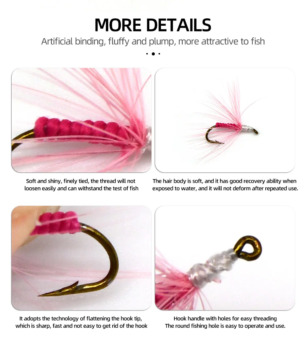MNFT-señuelo de pesca de trucha, 10 piezas, 12 #, cuerpo rosa, larvas, moscas - imagen 5