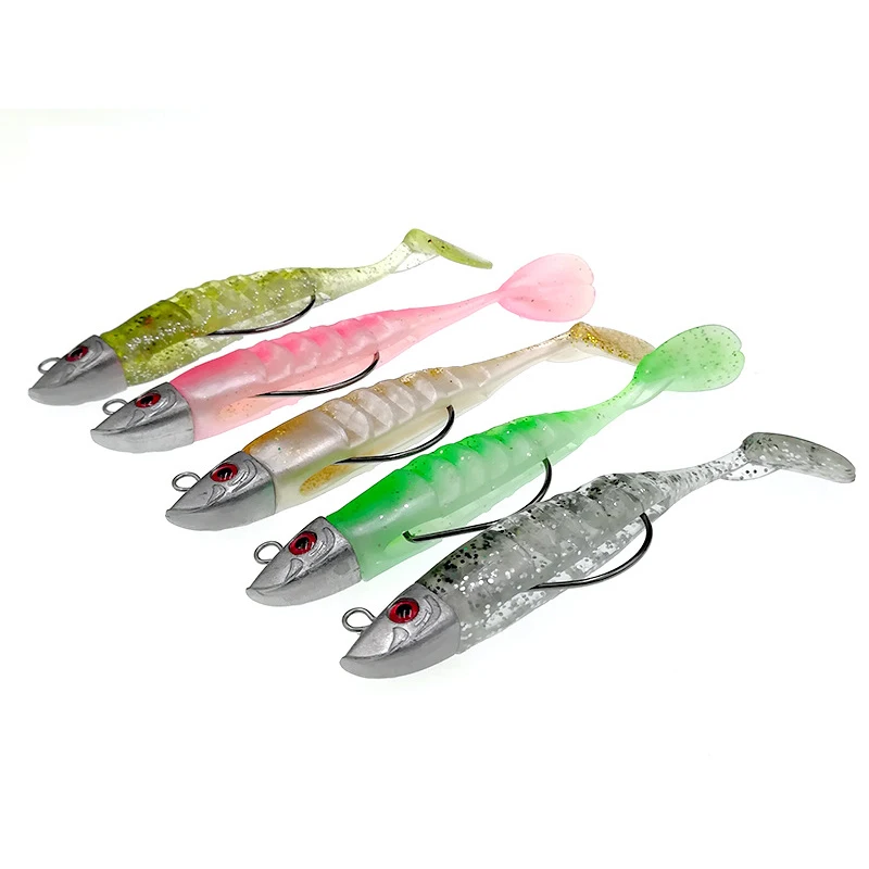 Señuelo falso Jigging cebo blando Señuelos de pesca 9/11cm 15,6/23,3g DIY cabeza Jig pez cola en T señuelo de lubina aparejos de pesca 6 colores - imagen 5