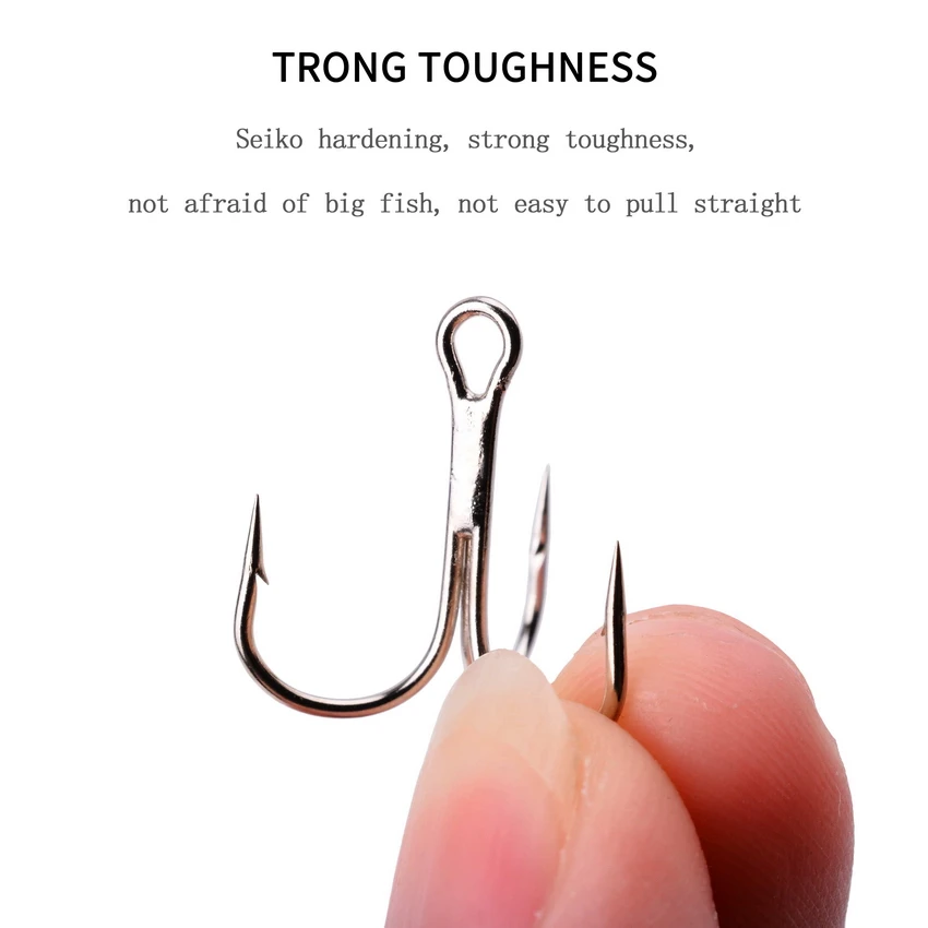 Anzuelos de pesca triples de acero al carbono, juego de anzuelos de púas, anzuelos redondos plegables, aparejos de pesca de agua salada, accesorios para señuelos, 10 unids/lote por caja - imagen 5
