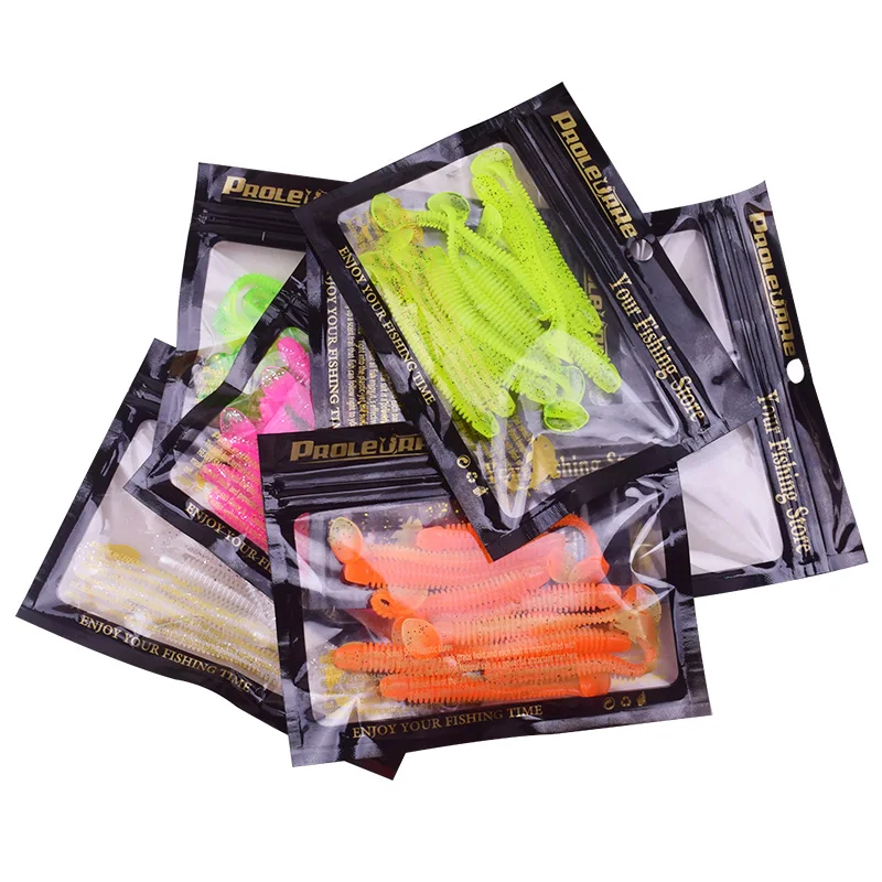 Señuelo de Pesca con cola en T, cebo blando de gusano de 10 piezas, Wobblers de 50MM y 70MM, doble Color, de silicona, cebos artificiales para lubina y Lucio, aparejos de Pesca - imagen 5