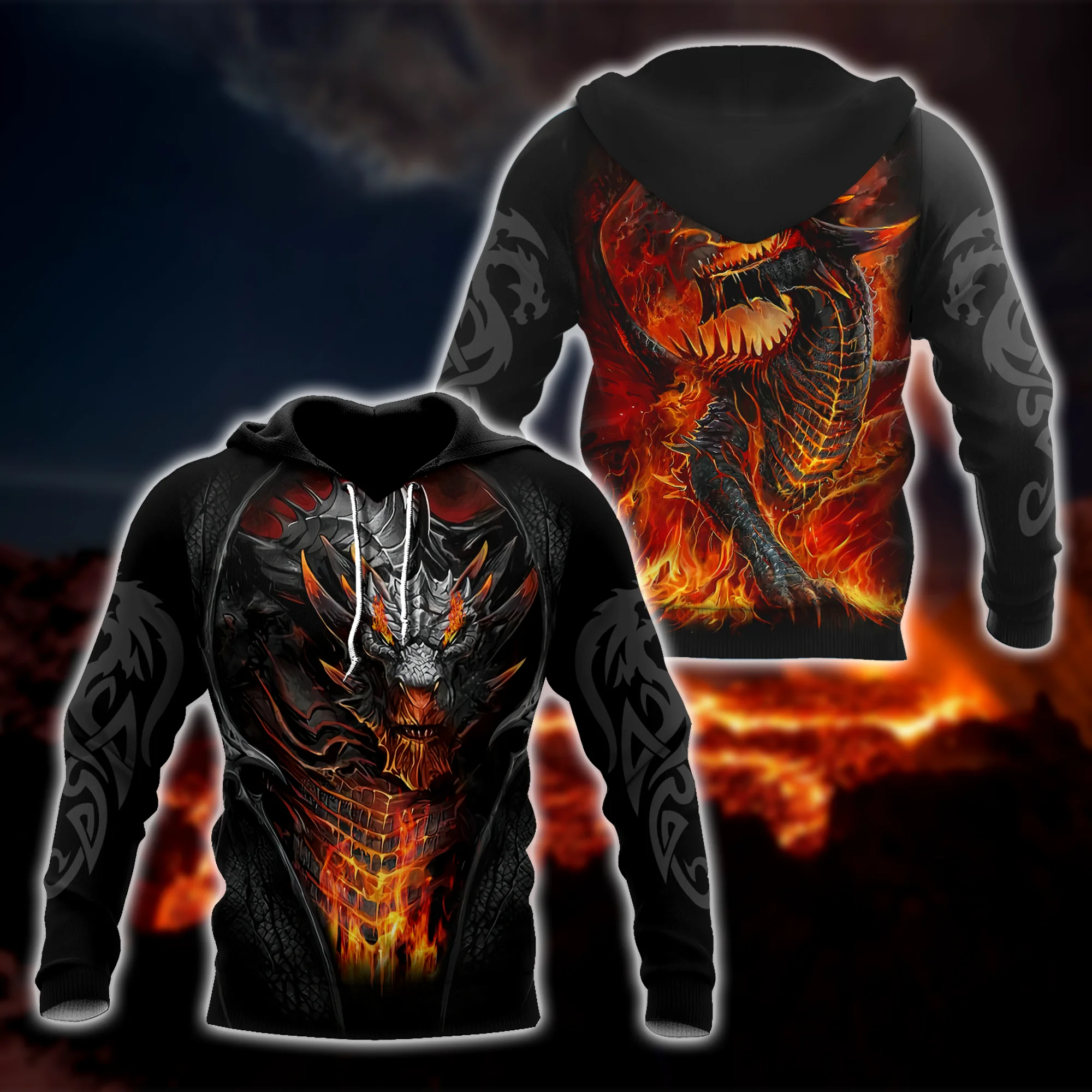Hermoso tatuaje de dragón de fuego con estampado 3D para hombre, Sudadera con capucha Unisex, sudadera, ropa de calle de otoño, chaqueta informal, chándal KJ747 - imagen 3