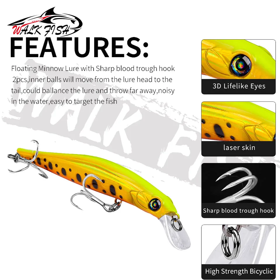 WALK FISH-Señuelos de Pesca flotantes, cebos duros de alta calidad para lubina, 1 unidad, 70mm, 115mm, 150mm - imagen 3