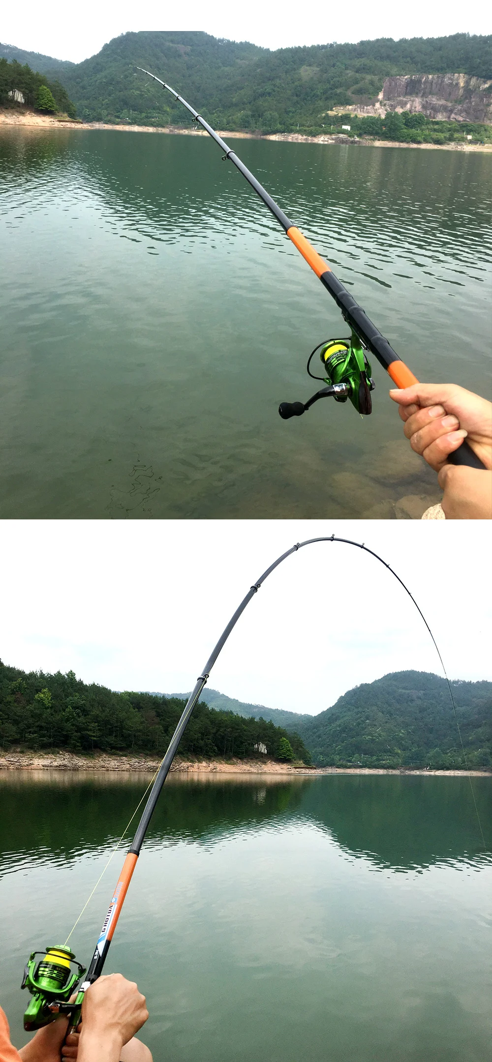 Una persona que pesca en una masa de agua tranquila, probablemente un lago o un río de corriente lenta. La persona sostiene una caña de pescar con un carrete adjunto y el sedal se extiende hacia el agua, lo que sugiere que está lanzando o esperando que un pez muerda.