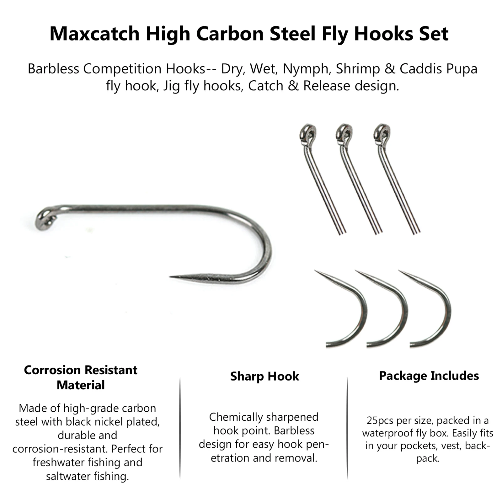 Maximumcatch Juego de anzuelos para atar moscas sin púas, anzuelos de pesca de níquel negro forjado con plantilla de ninfa, 6 # 8 # 10 # 12 # 14 # 16 # 18 # , 125 piezas - imagen 4