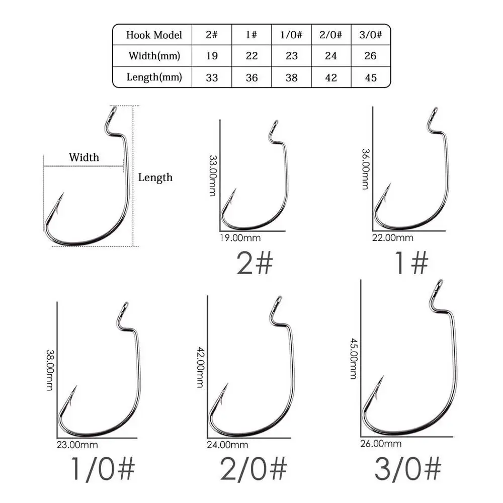 Anzuelo de pesca Offset, cabeza de anzuelo de manivela ancha para señuelo de gusano suave, con púas, para carpa #3/0 #2/0 #1/0 #1 #2, 50 unids/caja - imagen 4