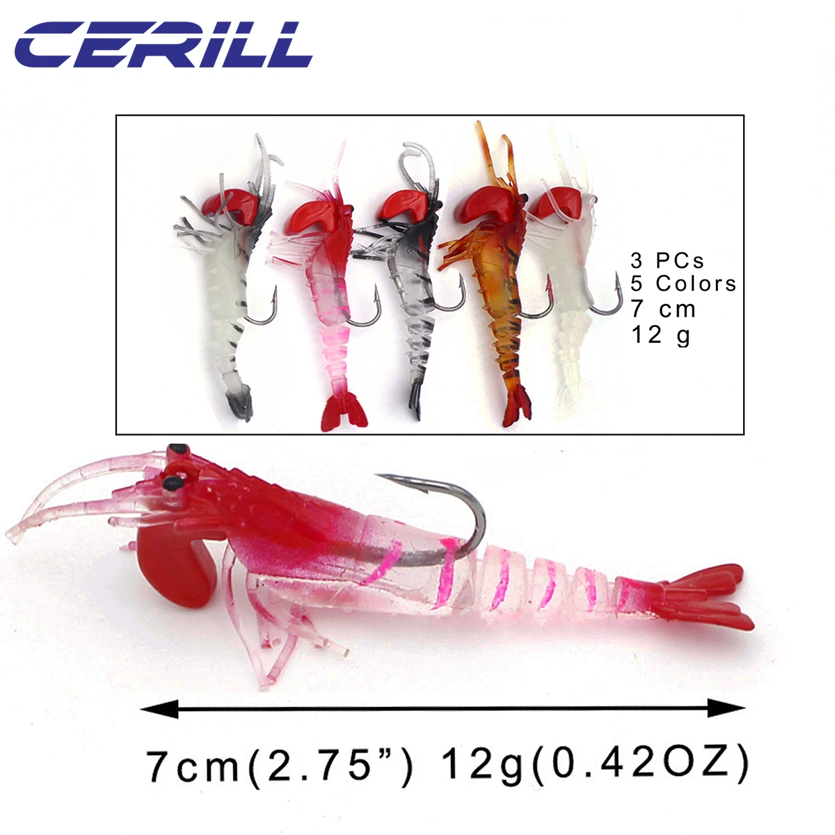 Señuelo de pesca Artificial, cebo luminoso de gusano suave de camarón 12g 7cm, anzuelo de cabeza, carpa, lubina, Jigging, aparejos Swimbait, Lote 5 - imagen 2