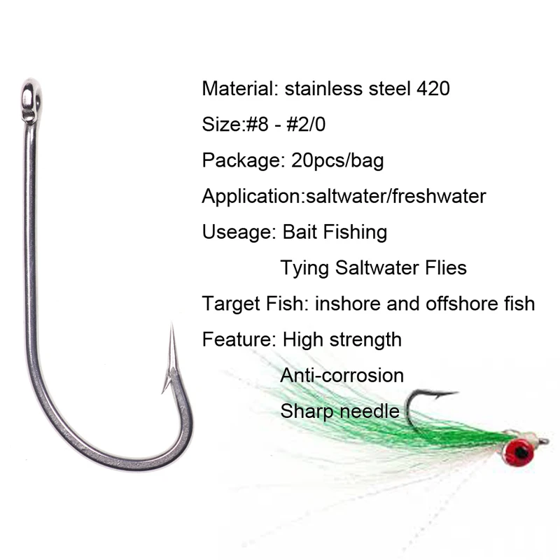 Wifreo-anzuelos para atar moscas de agua salada, anzuelos de pesca de vástago largo de acero inoxidable para closer Minnow, 20 unidades - imagen 5