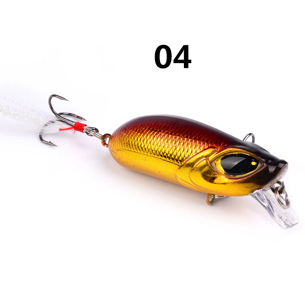 Un señuelo de pesca con un cuerpo rojo y amarillo y un ojo morado