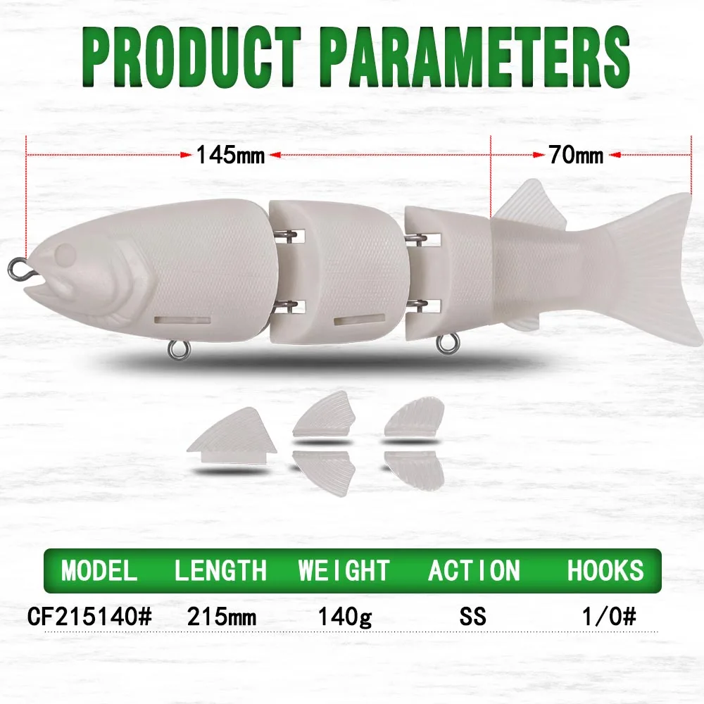 Señuelo de pesca sin pintar, cebo duro articulado de hundimiento lento de 215mm y 140g, segmentos de lubina grande para Lucio Cf - imagen 3