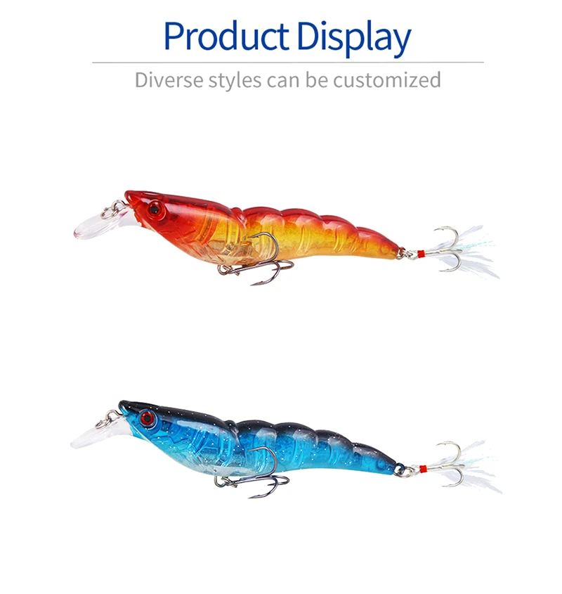 Una exhibición de productos de tres señuelos de pescado de diferentes colores