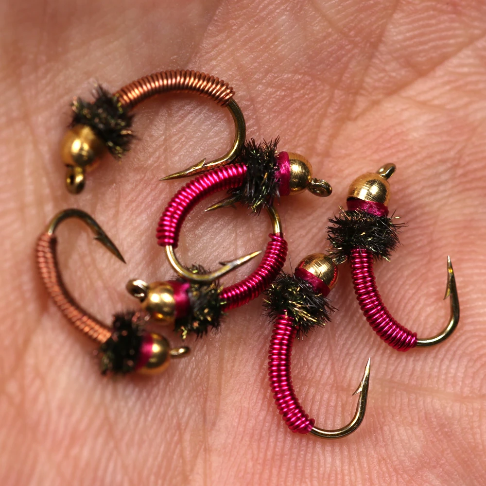 Bimoo-SEÑUELOS DE hundimiento para pesca en hielo, alambre de cobre rojo, cabeza de cuenta de latón, ninfa, Mosca, trucha, Mosca, alambre de colores, #12, 6 unidades - imagen 5