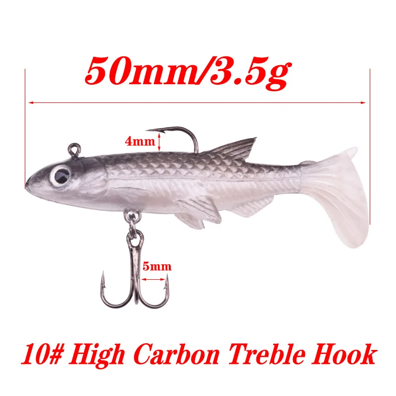 1 Uds T pequeñas de la cola cebo blando 50mm y 3,5g de la cabeza de la plantilla de los nadadores Artificial biónica de señuelo de pesca Wobblers para Shad bajo Pike - imagen 3