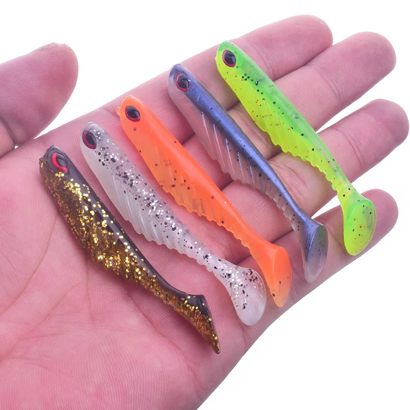 Señuelo suave para sábalo de Pesca, cebo Artificial de silicona, ojos 3D, 7cm, 2,9g, aparejos de cola en T, 5 unids/lote