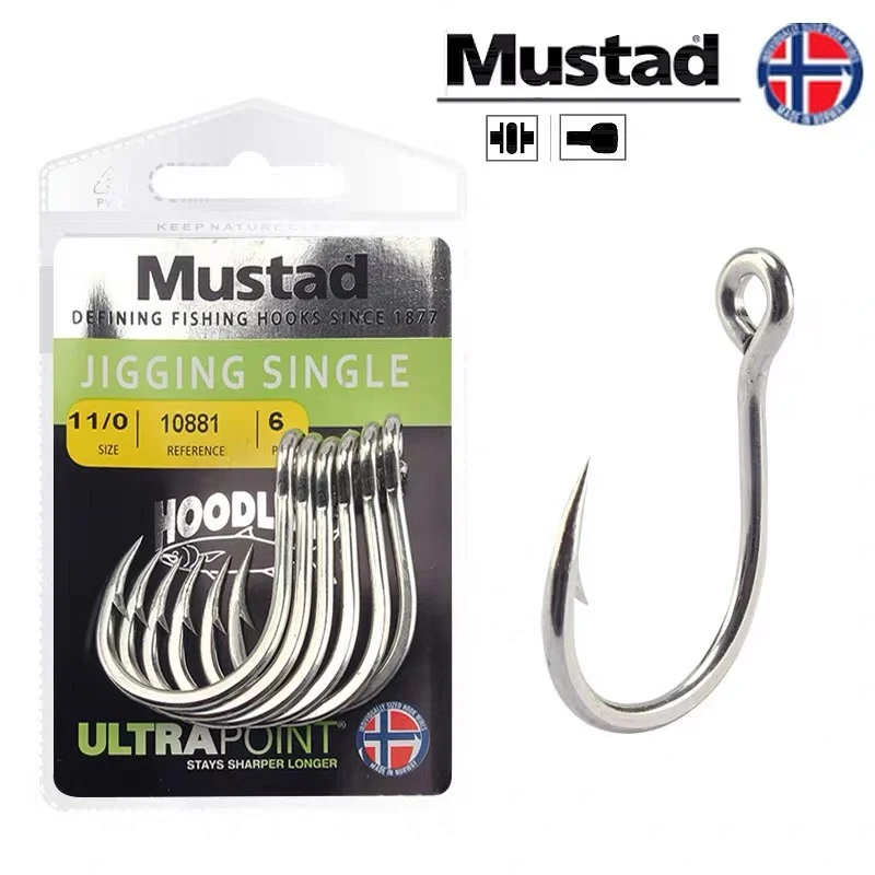 Mustad-anzuelos de Pesca 10881 originales, anzuelos de Pesca Jigging, anzuelo individual de océano con púas grandes con agujero, anzuelo de calamar, carpas, cebo duro, Pesca - imagen 2