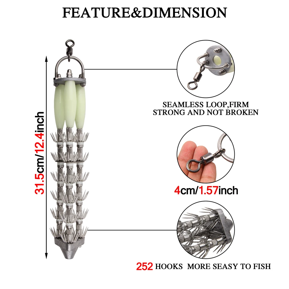 Shaddock-anzuelos luminosos de calamar, Señuelos de Pesca, anzuelos de plantilla de calamar, anzuelos de pesca, aparejos de cebo, 650g, 31,5 cm/12,4 in - imagen 2