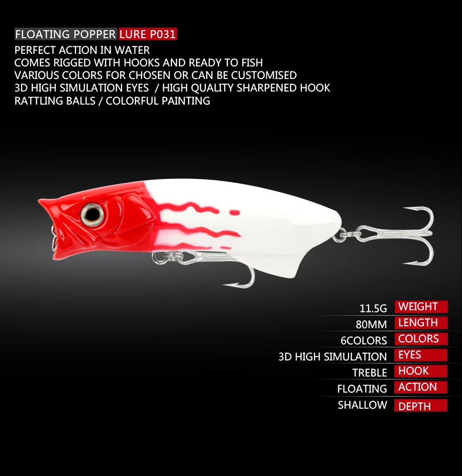 Experimente la emoción de la pesca con el Lure P031 flotante diseñado para una acción perfecta en agua y opciones de personalización versátiles