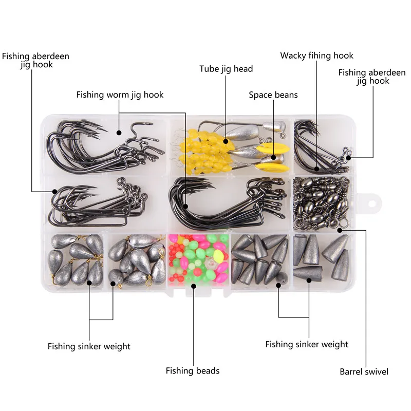 Caja de anzuelos de pesca Texas, 158 unids/caja, con plomos de pesca, ganchos de cabeza de plomo, topes flotantes para truchas, aparejos de pesca jigging - imagen 3