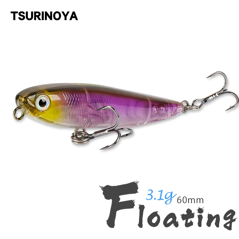 TSURINOYA-señuelo de agua pequeño y superior, cebo duro de 60mm y 3,1g para pesca de pececillos, lápiz flotante para perro, DW64, señuelos de trucha de fundición larga, gran oferta