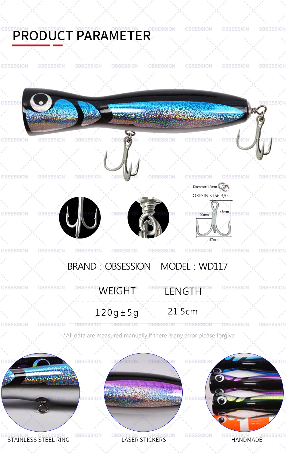 Un producto que parece ser un señuelo de pesca. Está diseñado para parecerse a un pez y normalmente se usa para atraer peces cuando se pesca. El señuelo está adornado con un patrón que imita las escamas de un pez y tiene un anzuelo para pescar.