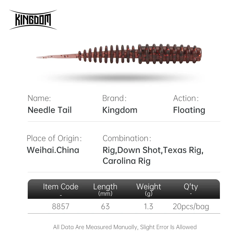 Señuelos de pesca Kingdom Soft Ned Rig aguja cola acción flotante 63mm 1,3g silicona Artificial 20 unids/bolsa cebos blandos de lombriz de tierra - imagen 2