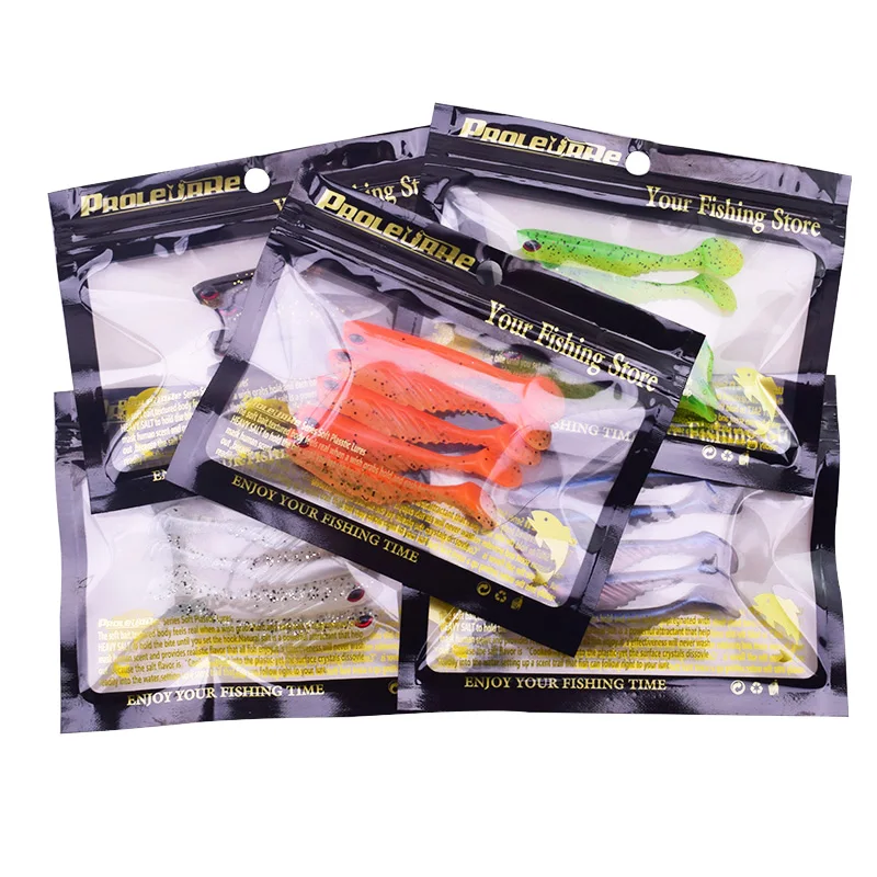Señuelo suave para sábalo de Pesca, cebo Artificial de silicona, ojos 3D, 7cm, 2,9g, aparejos de cola en T, 5 unids/lote