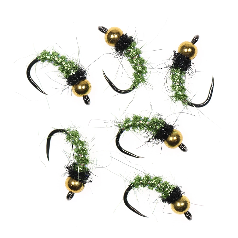 ICERIO-señuelo con cabeza de cuentas de latón, 6 piezas, anzuelo sin púas, para pesca de trucha, ninfa Caddis
