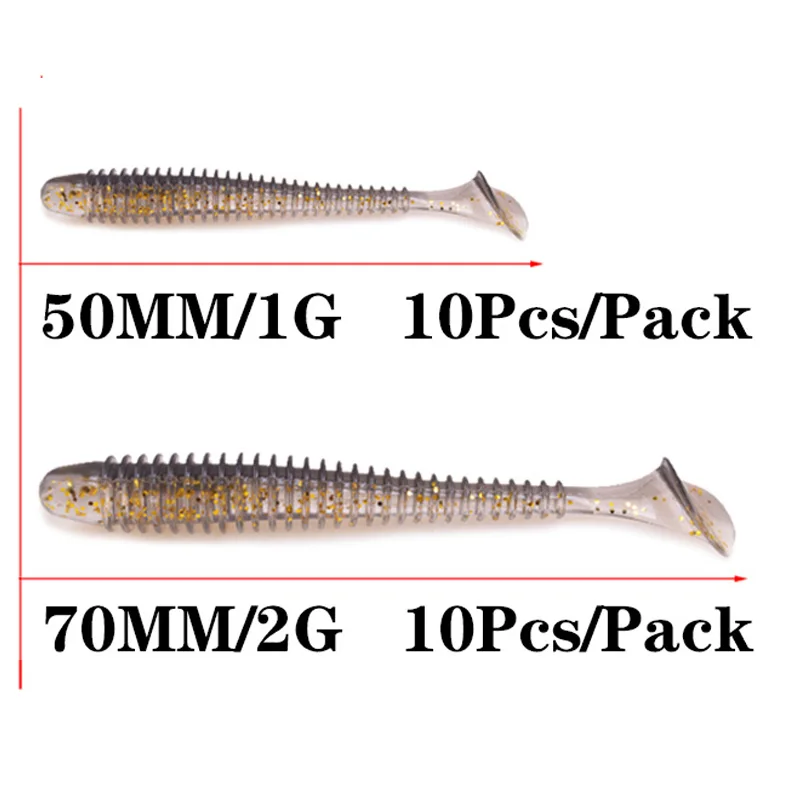 Señuelos de Pesca de gusano blando, cebo Artificial de silicona de doble Color, aparejos Swimbait, 5cm, 7cm, 10 unidades por lote - imagen 2