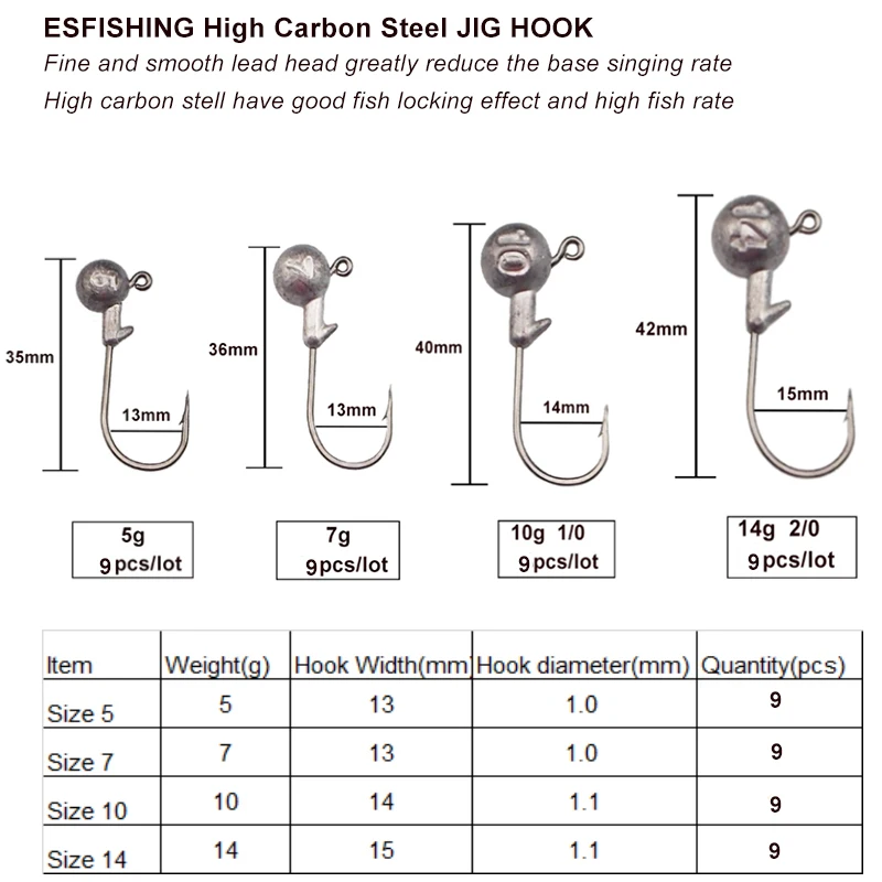 ESFISHING Jig Head 3g 5g 7g 10g 14g 9 Uds cabeza de fregadero anzuelos de pesca para aparejos de pesca con señuelo suave - imagen 5