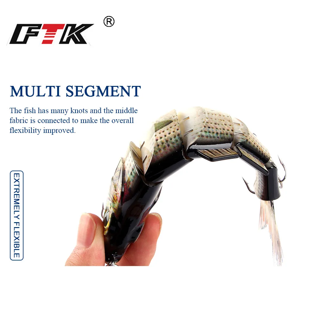FTK-señuelo de pesca duro multiarticulado, 54g, 16,5 cm, Minnow, ojos 3D, Wobblers, cebo Artificial de 5 segmentos con anzuelo triple, Swimbait Bass - imagen 2