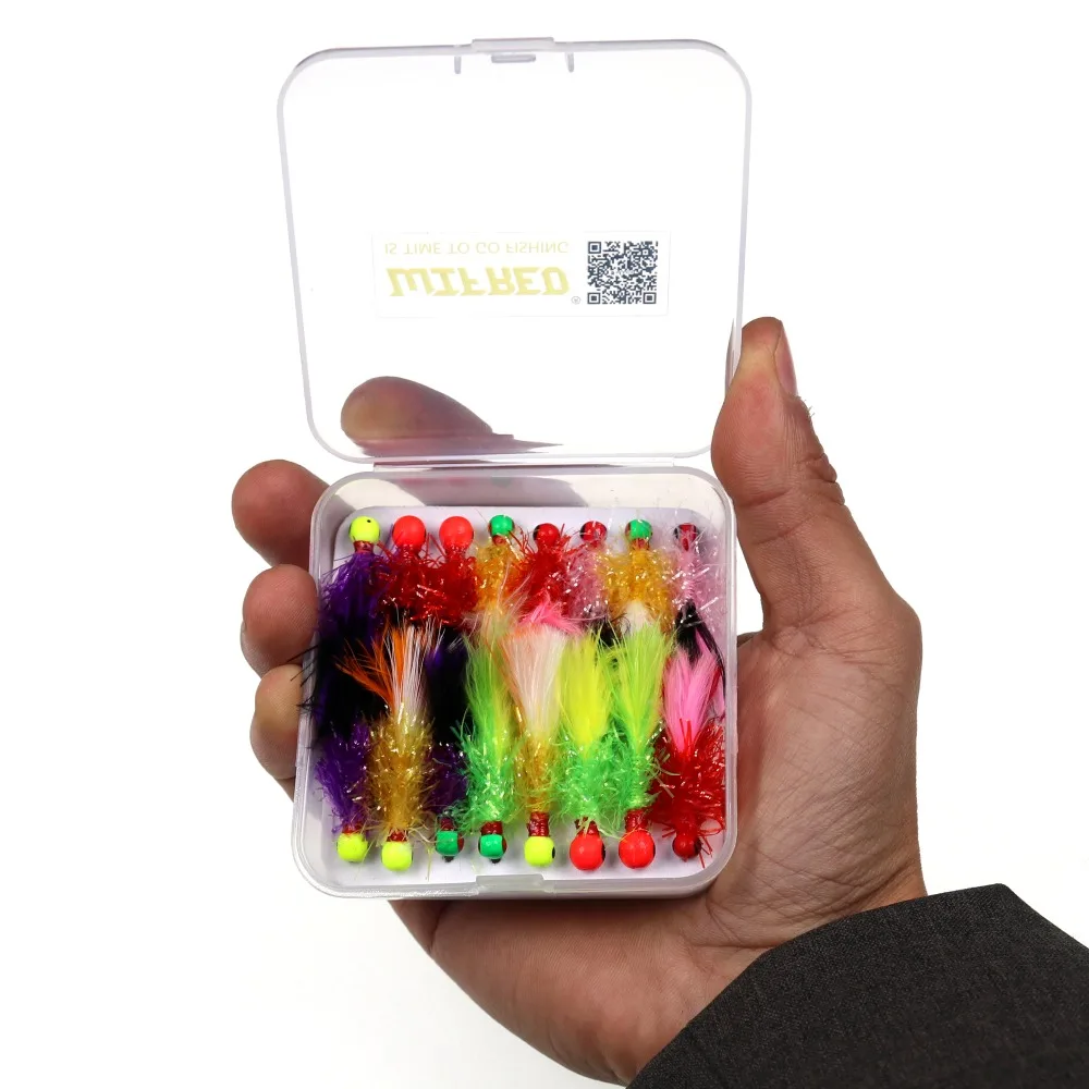 Wifreo 16 unids/caja mezcla Mini Marabou Crappie Jig Pan plantillas de pesca en hielo Señuelos de pesca en hielo para anzuelo de pesca Bluegill 6 4 en caja de señuelos - imagen 4