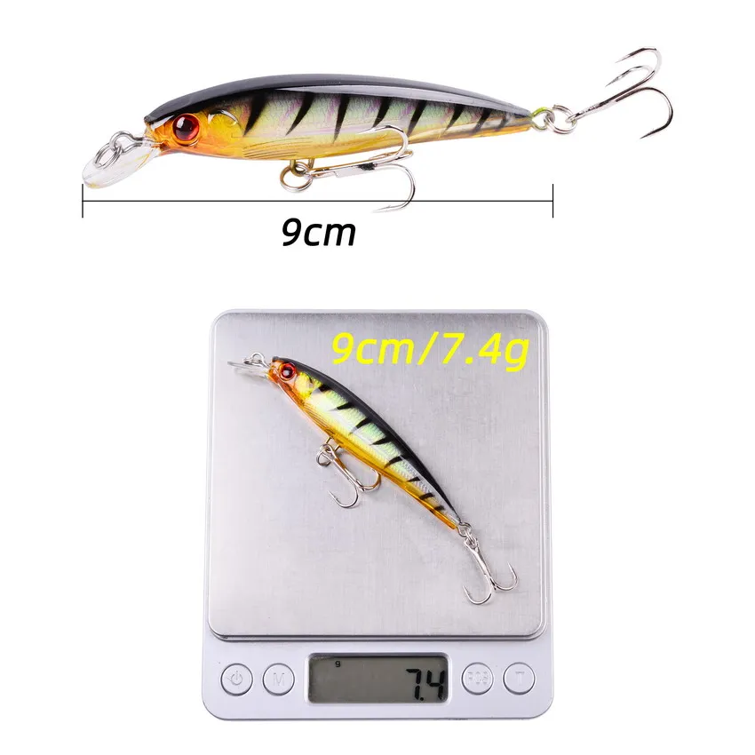 Señuelos de Pesca Minnow, 8 piezas, 7,5g, 9cm, ojos biónicos 3D, cebo Artificial duro, Swimbait, aparejos de Pesca de mar - imagen 5