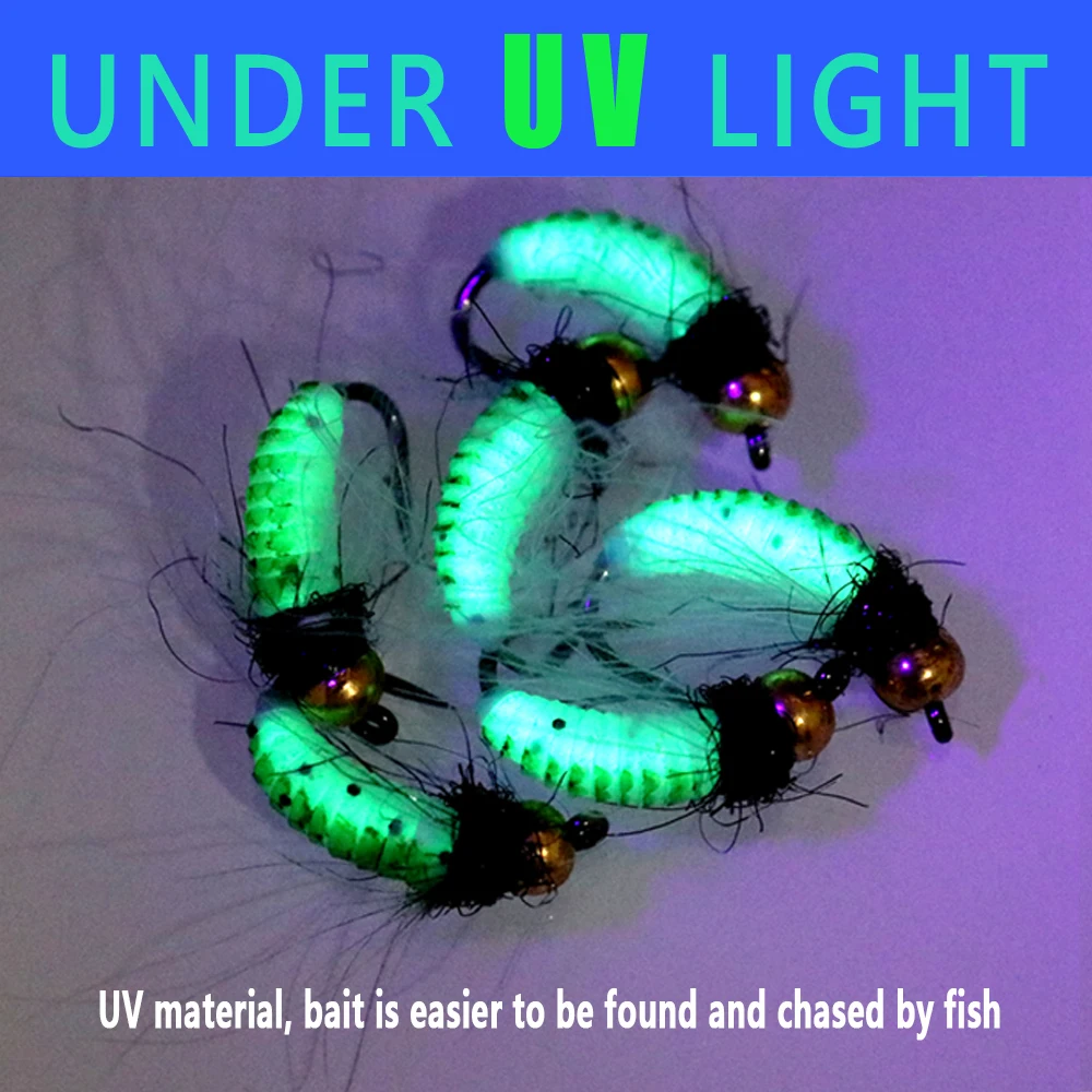 Bimoo 6PCS # 10 # 12 CDC pluma Hackle ninfa Scud mosca UV latón Beadhead insecto húmedo gusano trucha pesca cebo con mosca señuelo hundimiento rápido - imagen 5