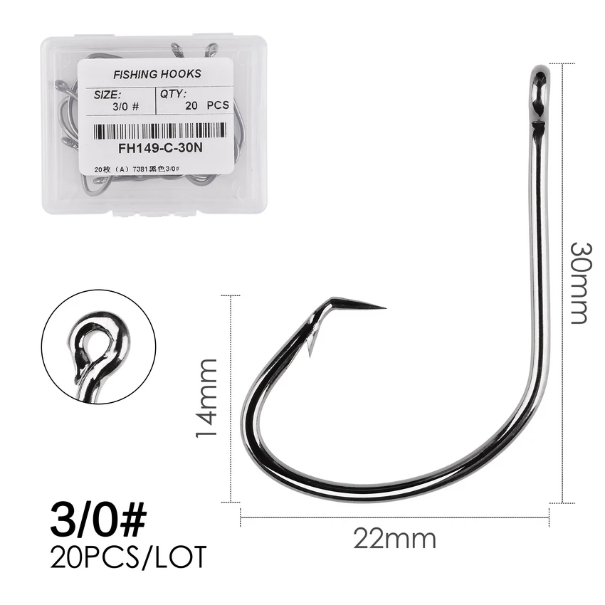 20 unids/caja 7381 anzuelo de pesca con cebo circular deportivo de mar Offset negro tamaño 4 #   2 #   1 #   1/0 #   3/0 #   4/0 #   5/0 #   6/0 #   Anzuelos de pesca de agua salada - imagen 4