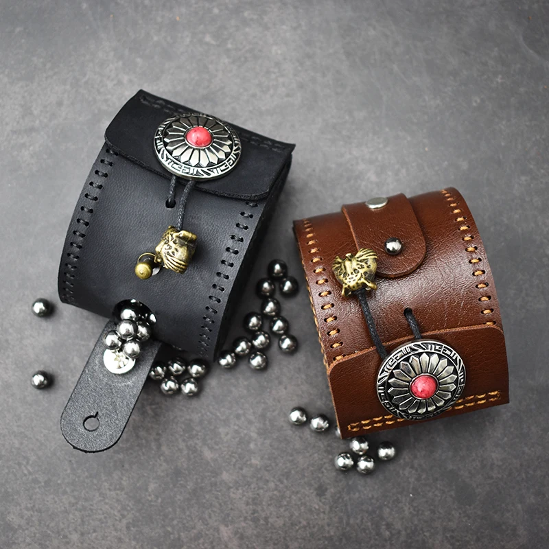 Bolsa de bola de acero Vintage para caza, accesorios de tirachinas duraderos profesionales, Material de cuero negro/marrón, novedad - imagen 3