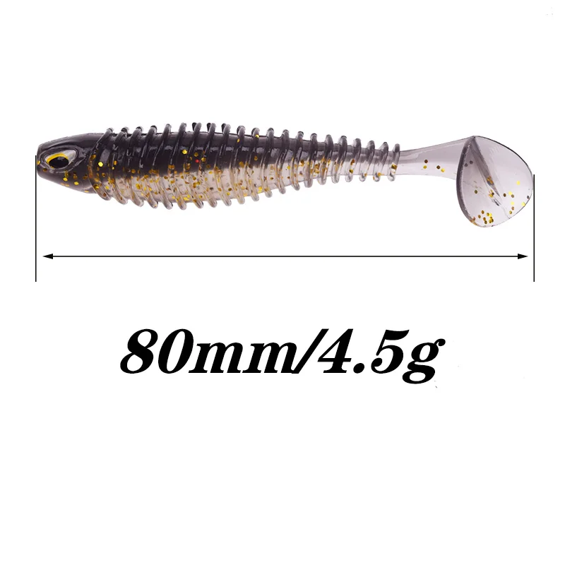 5 unids/lote Shad pesca señuelo suave 4,5g/80mm cebo de silicona lubina ojos 3D gusano Jig Head Wobblers aparejos de natación de goma Artificial - imagen 2
