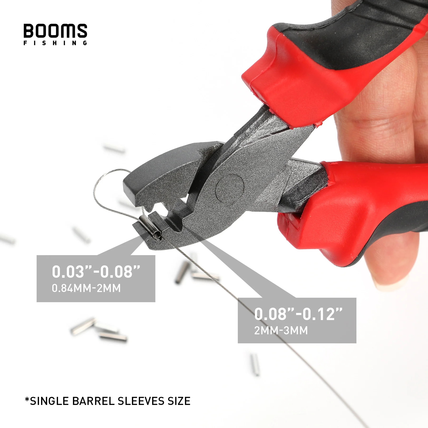 Booms Fishing CP2, alicates de engaste de pesca para mangas de un solo barril, herramientas, caja de aparejos de pesca, accesorios