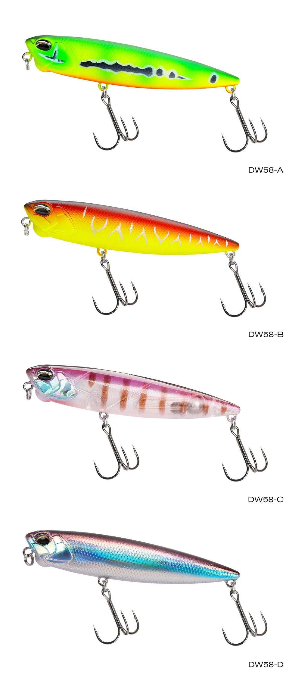 Una fila de señuelos de pesca con diferentes colores y diseños.