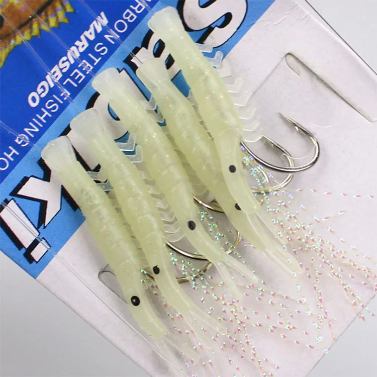Anzuelo de cuerda de pesca que brilla, camarones suaves, luminoso, 5 piezas, anzuelos de pesca de acero rico en carbono, Sabiki Maruseigo - imagen 4