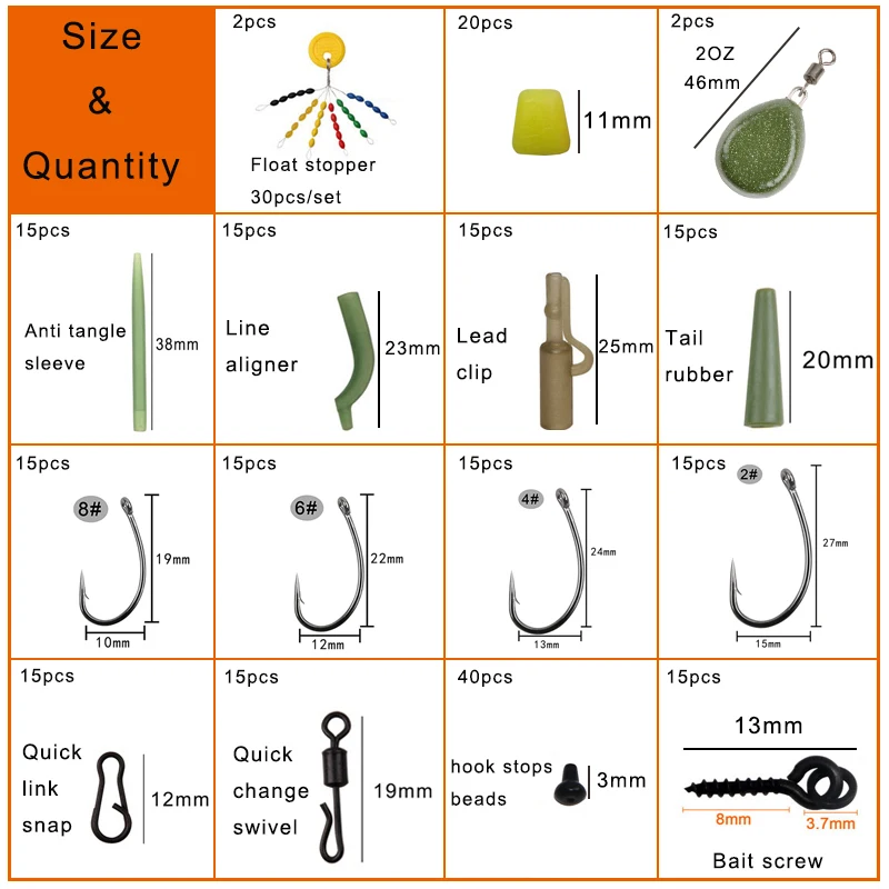 Terminal de aparejos de pesca de carpa, caja de aparejos, pesas de carpa, Clips de plomo, mangas antienredos, aparejo de eslabones rápidos, 236 Uds. - imagen 2