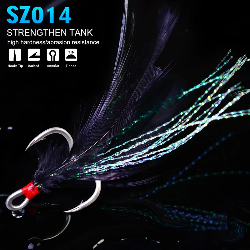PROBEROS 20 pzas/lote anzuelos de pesca de plumas 2 # -4 # -6 # -8 # -10 #   Anzuelos triples de acero rico en carbono con aparejos de pesca de anzuelos de plumas - imagen 3